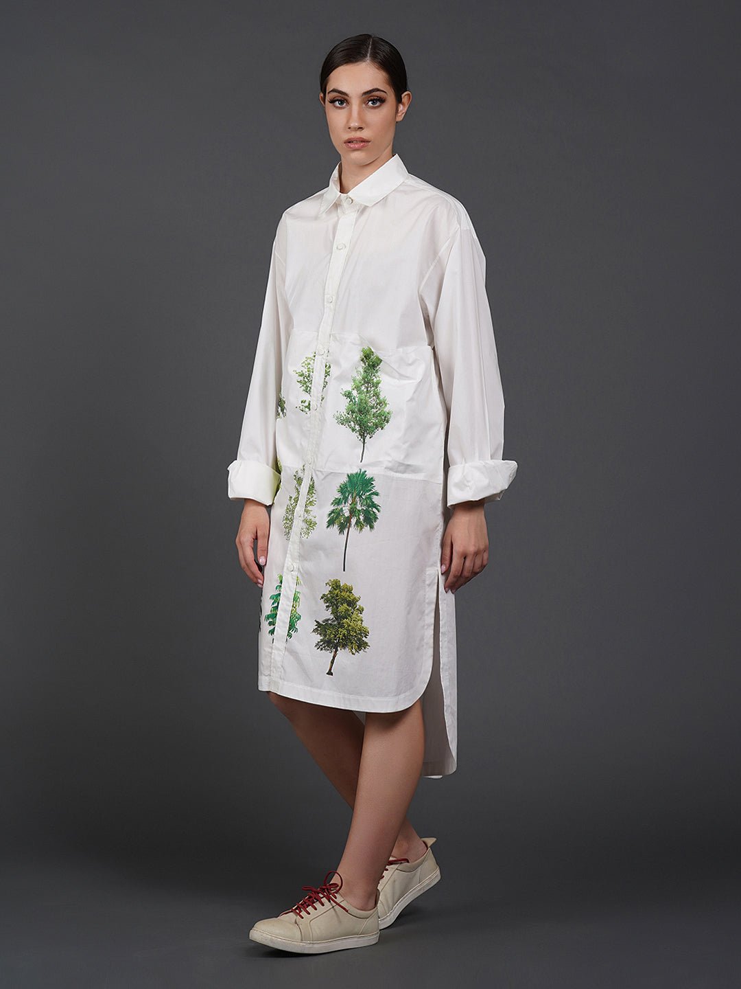 White cotton shirt showcasing abstract digital print in the front. - samantchauhan