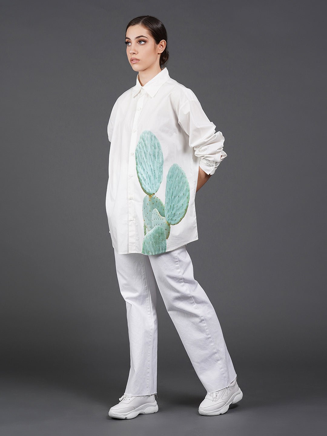 White cotton shirt showcasing abstract digital print in the front. - samantchauhan