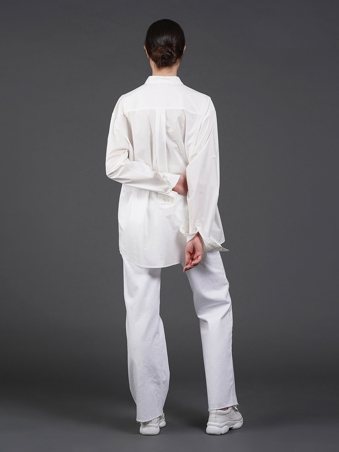 White cotton shirt showcasing abstract digital print in the front. - samantchauhan