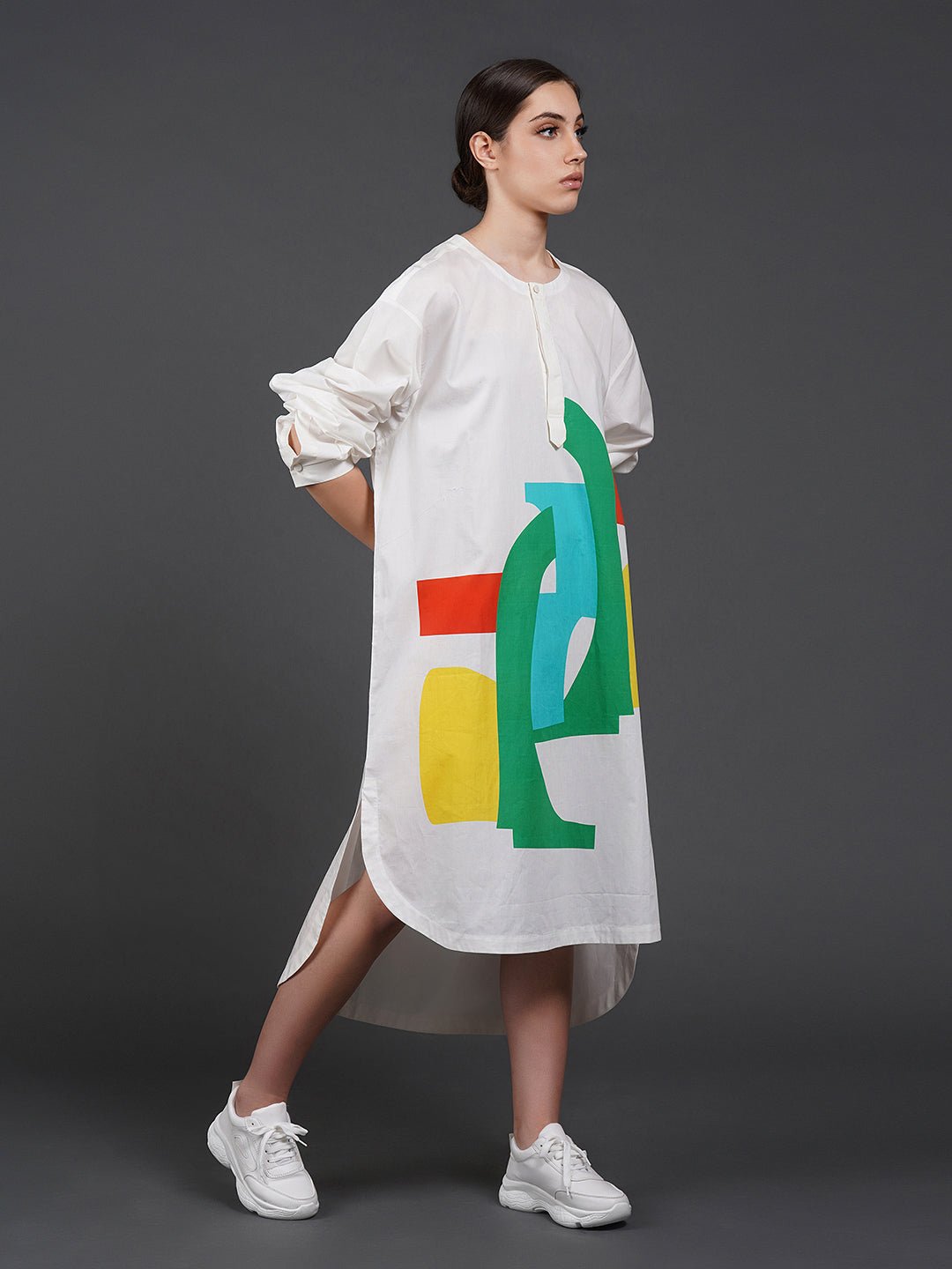 White cotton shirt showcasing abstract digital print in the front. - samantchauhan