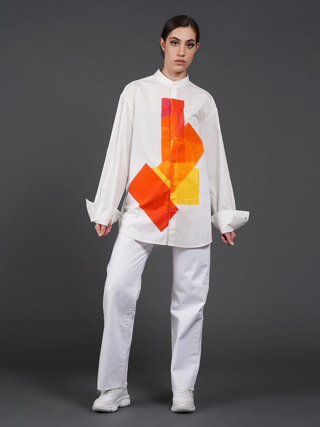 White cotton shirt showcasing abstract digital print in the front. - samantchauhan