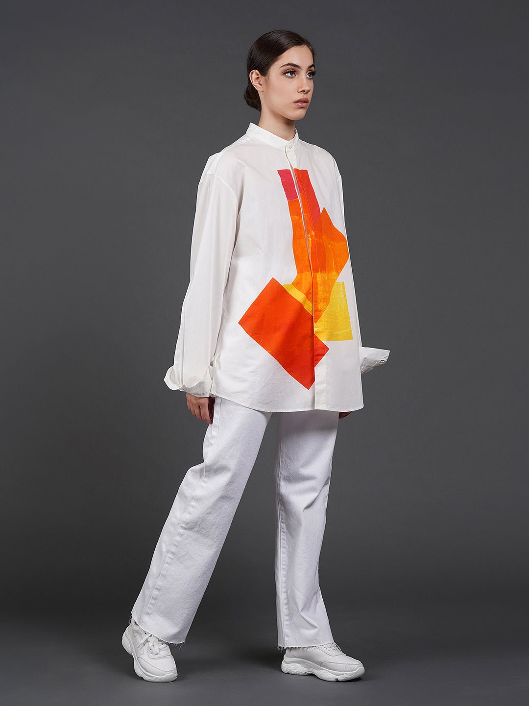 White cotton shirt showcasing abstract digital print in the front. - samantchauhan