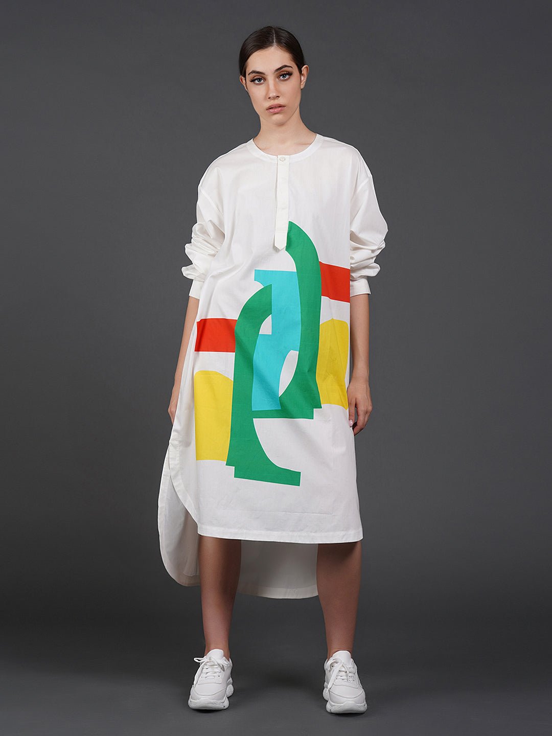 White cotton shirt showcasing abstract digital print in the front. - samantchauhan