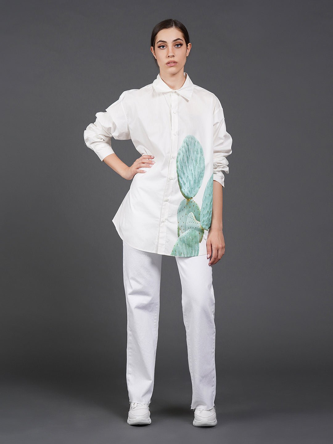 White cotton shirt showcasing abstract digital print in the front. - samantchauhan