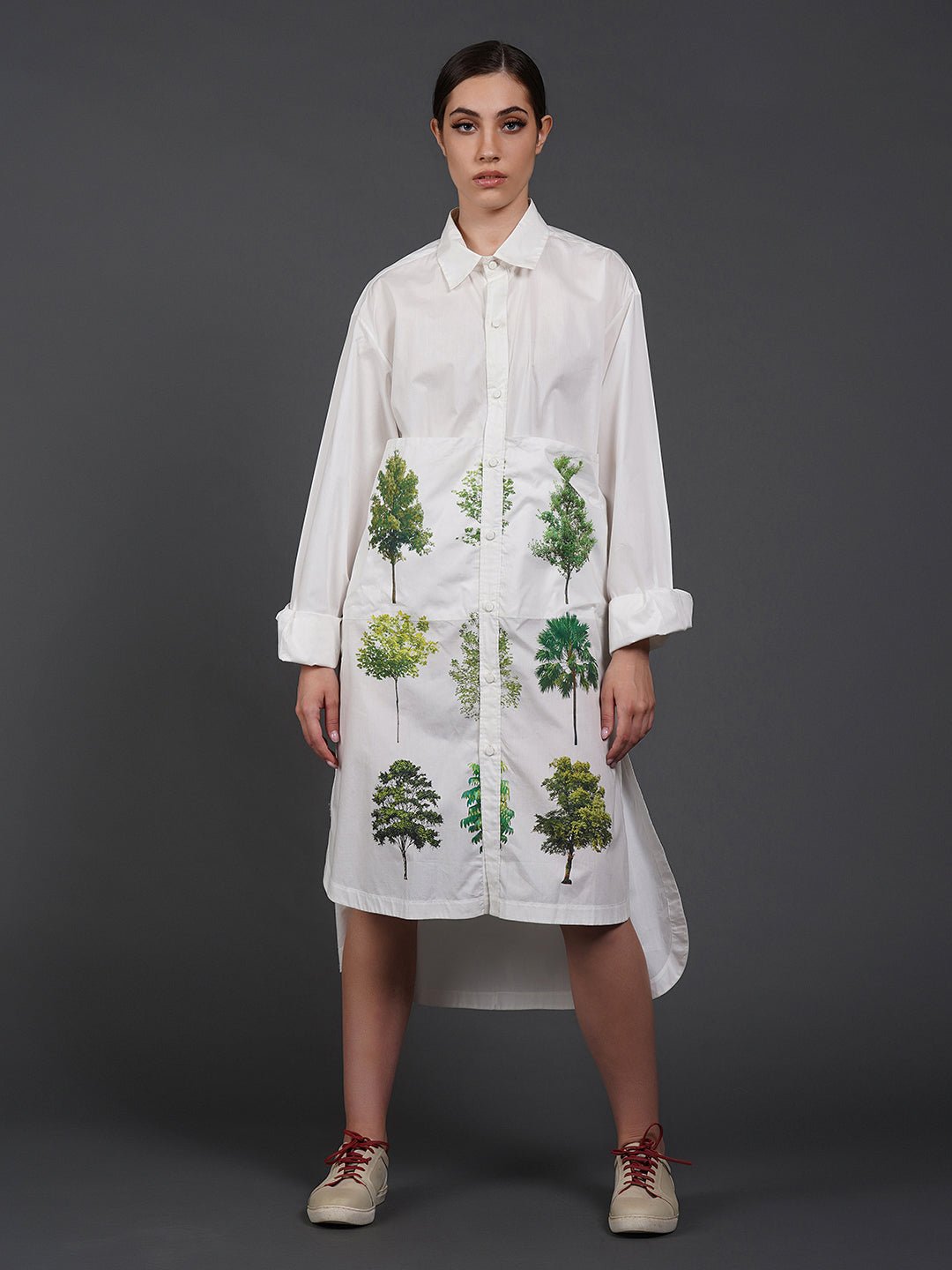 White cotton shirt showcasing abstract digital print in the front. - samantchauhan