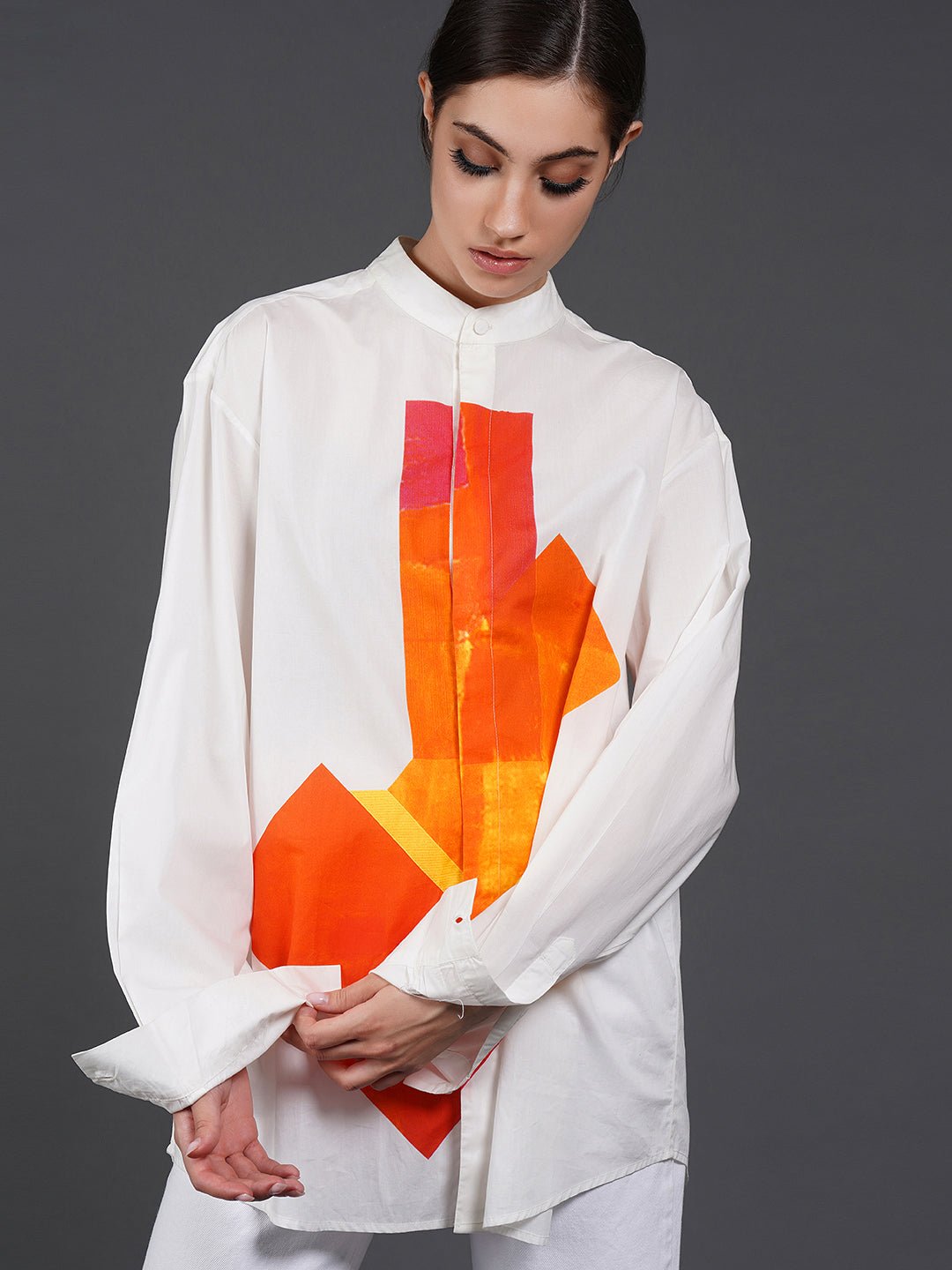White cotton shirt showcasing abstract digital print in the front. - samantchauhan