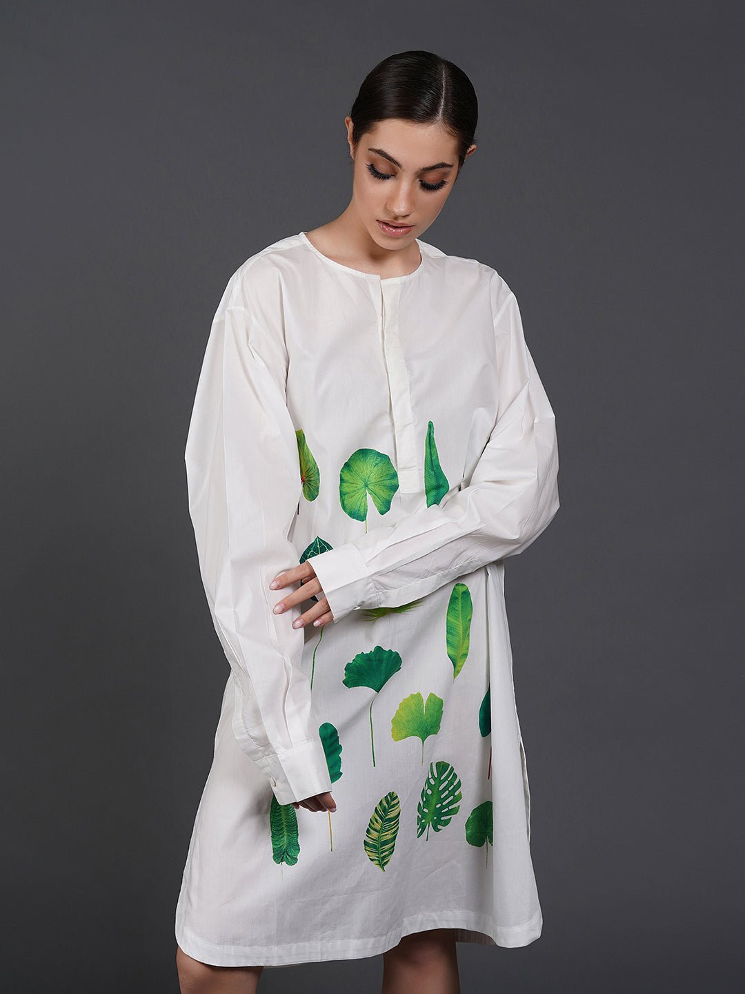 White cotton shirt showcasing abstract digital print in the front. - samantchauhan