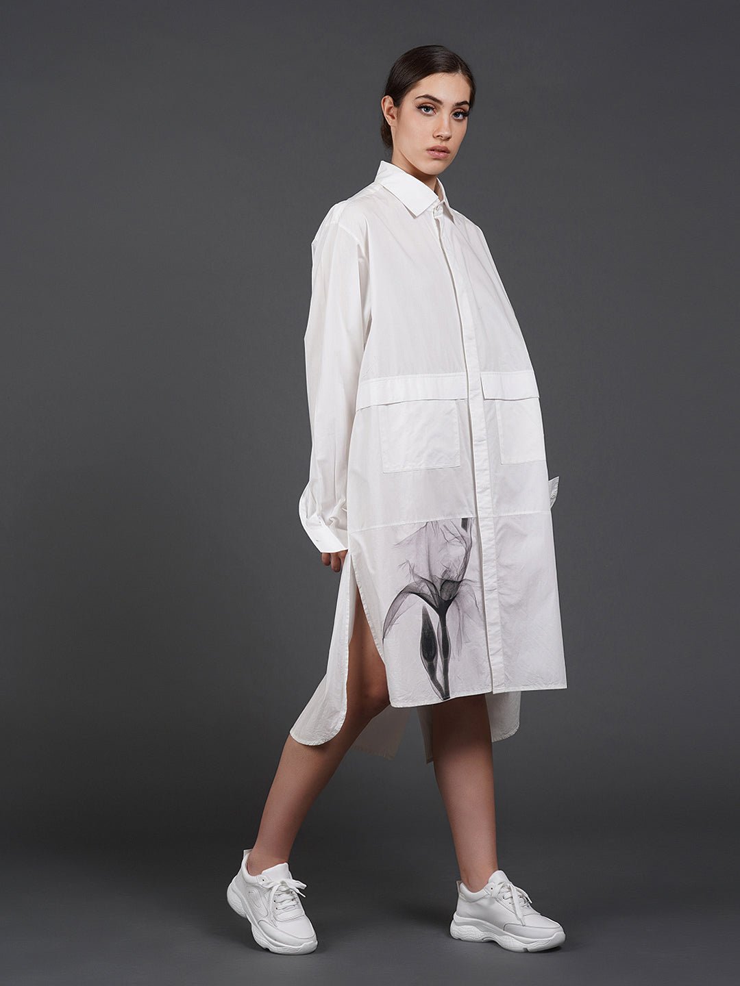 White, stylish, long,lose - fit, cotton shirt with digital print on it - samantchauhan