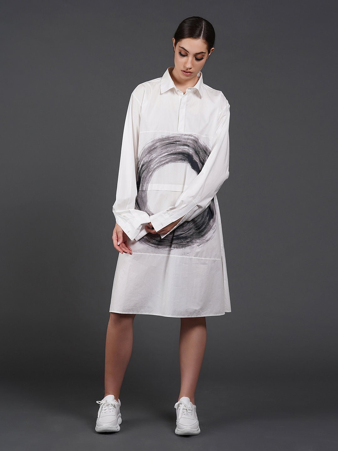 White, stylish, long,lose - fit, cotton shirt with digital print on it - samantchauhan