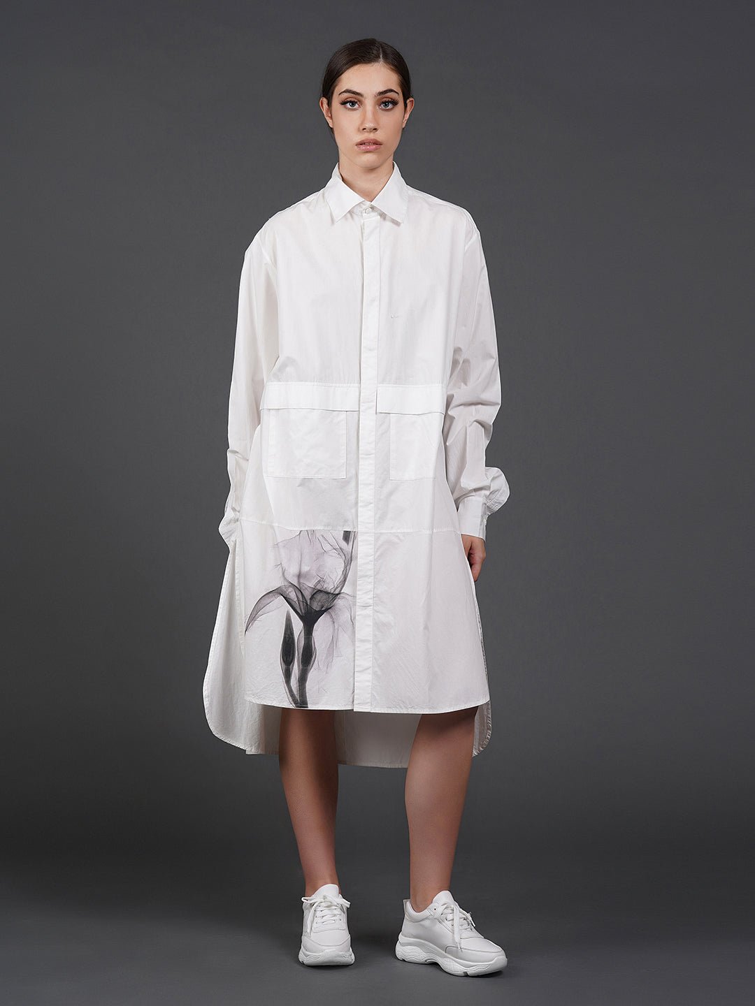 White, stylish, long,lose - fit, cotton shirt with digital print on it - samantchauhan