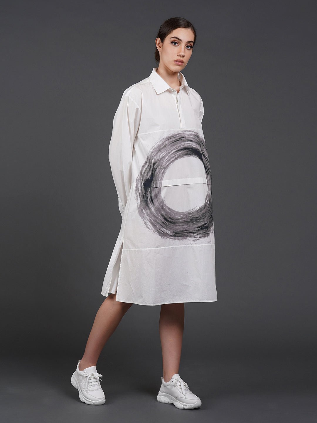 White, stylish, long,lose - fit, cotton shirt with digital print on it - samantchauhan