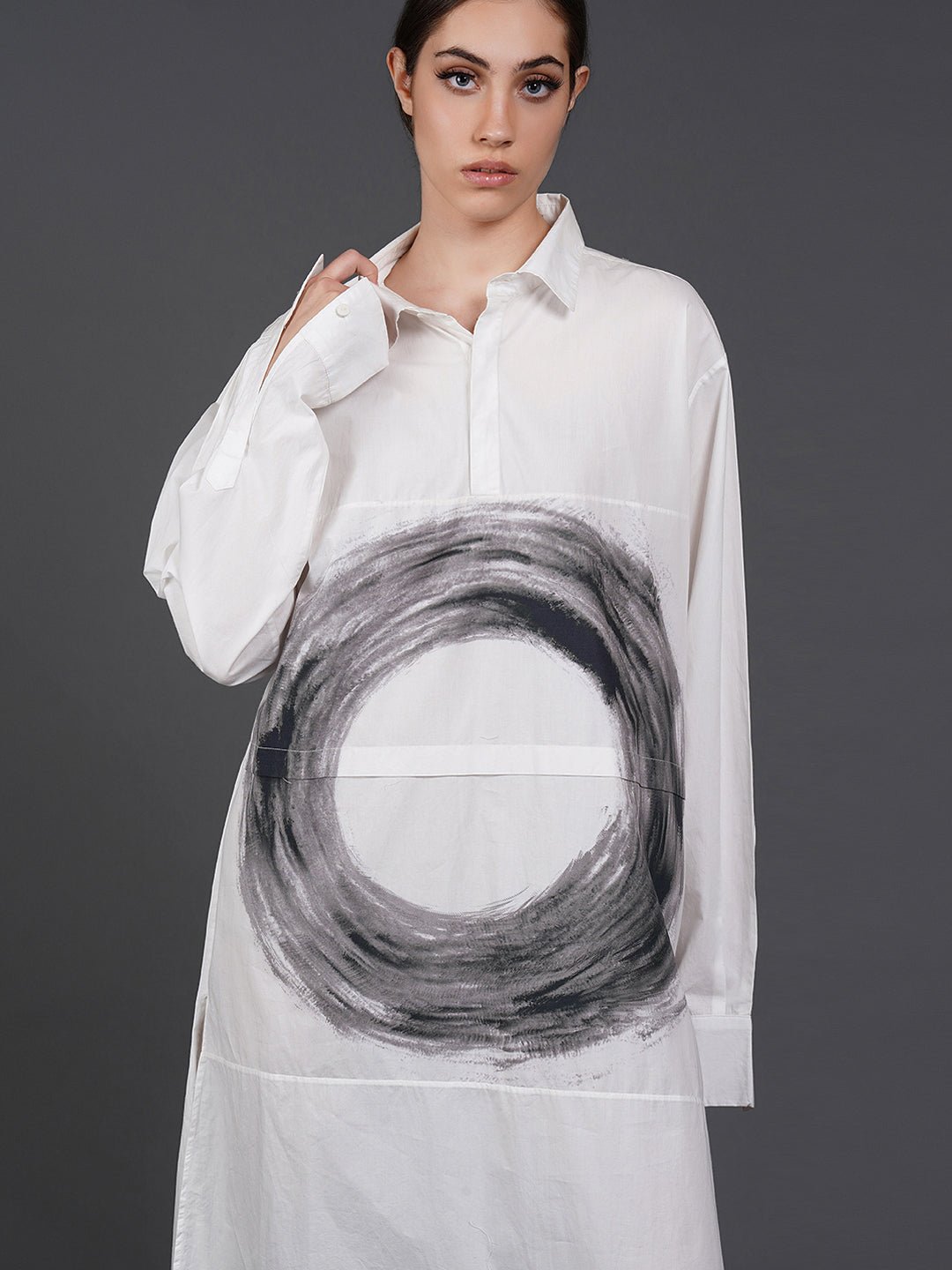 White, stylish, long,lose - fit, cotton shirt with digital print on it - samantchauhan