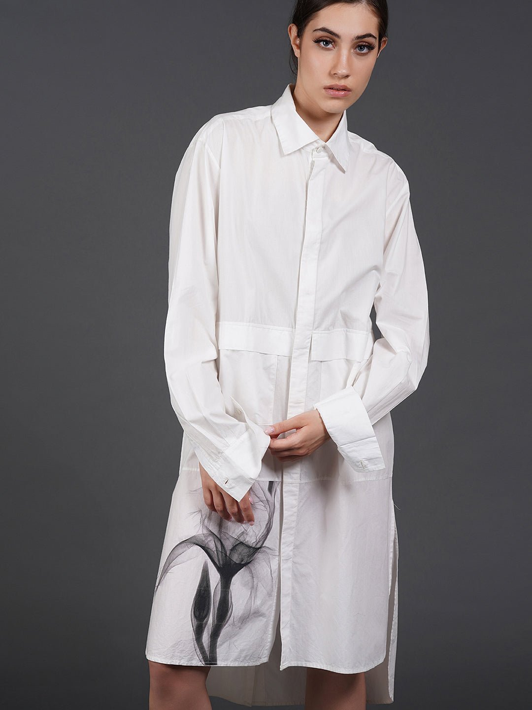 White, stylish, long,lose - fit, cotton shirt with digital print on it - samantchauhan