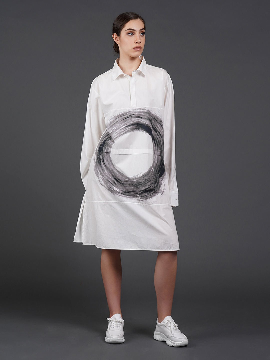 White, stylish, long,lose - fit, cotton shirt with digital print on it - samantchauhan