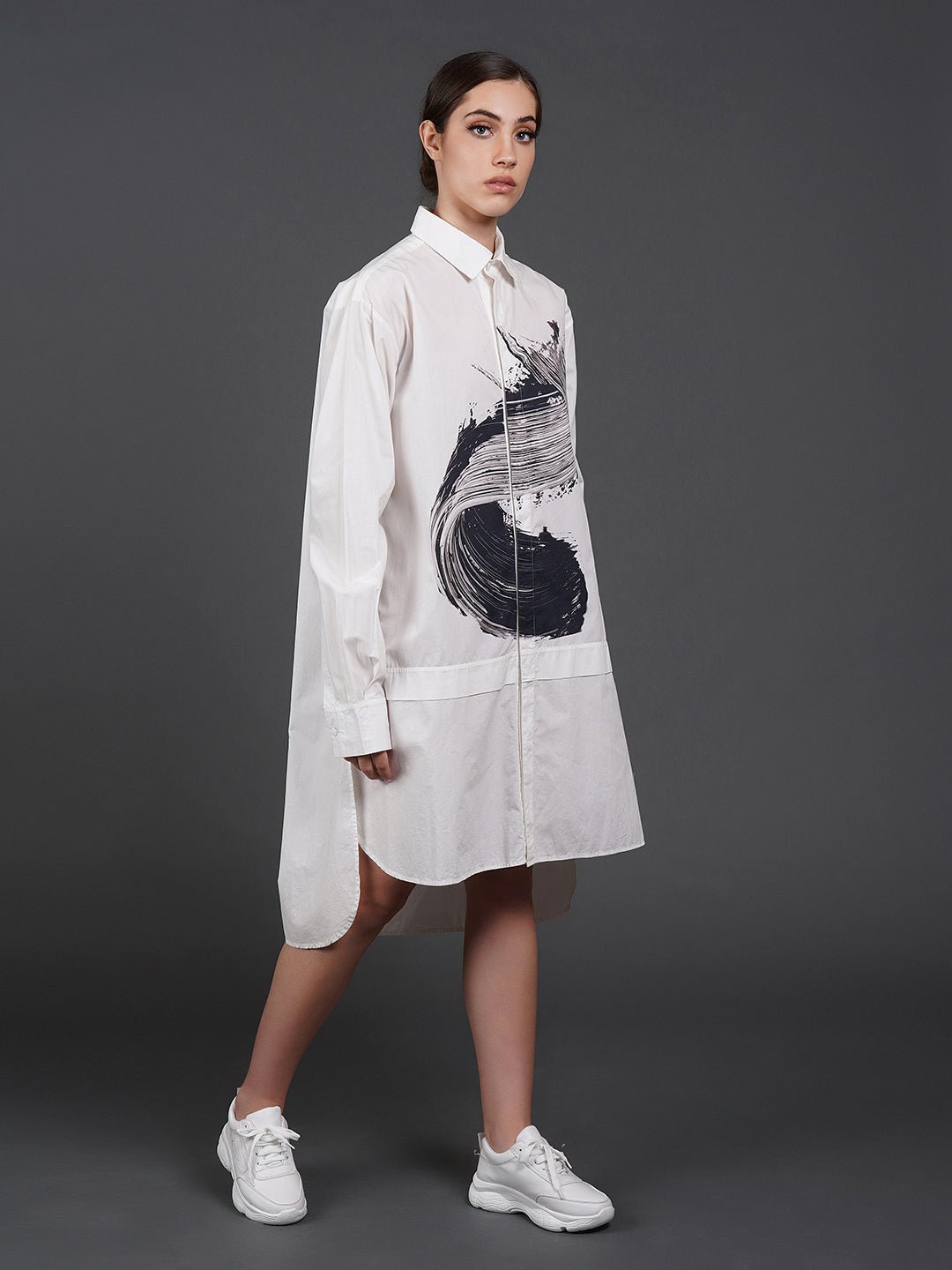 White, stylish, loose - fit, cotton shirt with digital print on it - samantchauhan