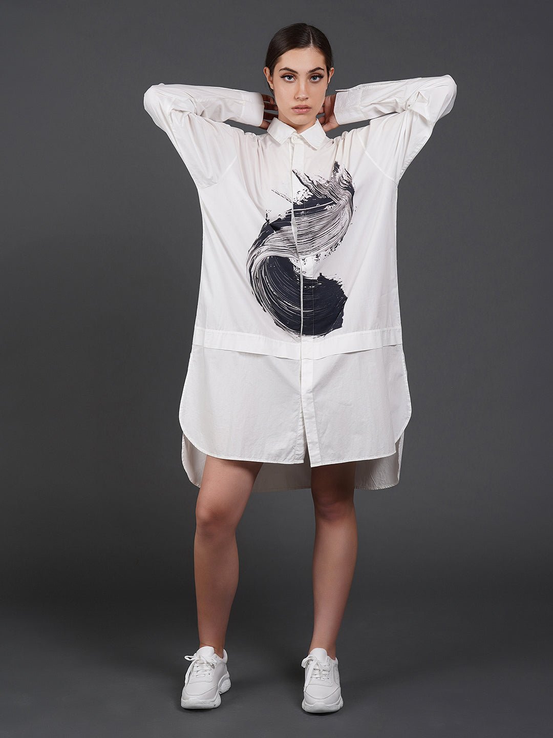 White, stylish, loose - fit, cotton shirt with digital print on it - samantchauhan