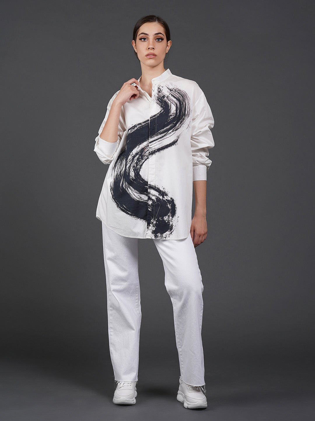 White, stylish, lose - fit, cotton shirt with digital print on it - samantchauhan