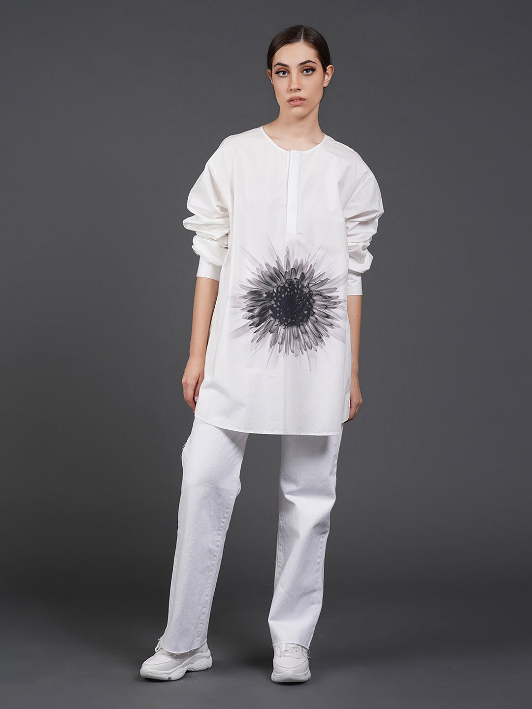 White, stylish, lose - fit, cotton shirt with digital print on it - samantchauhan