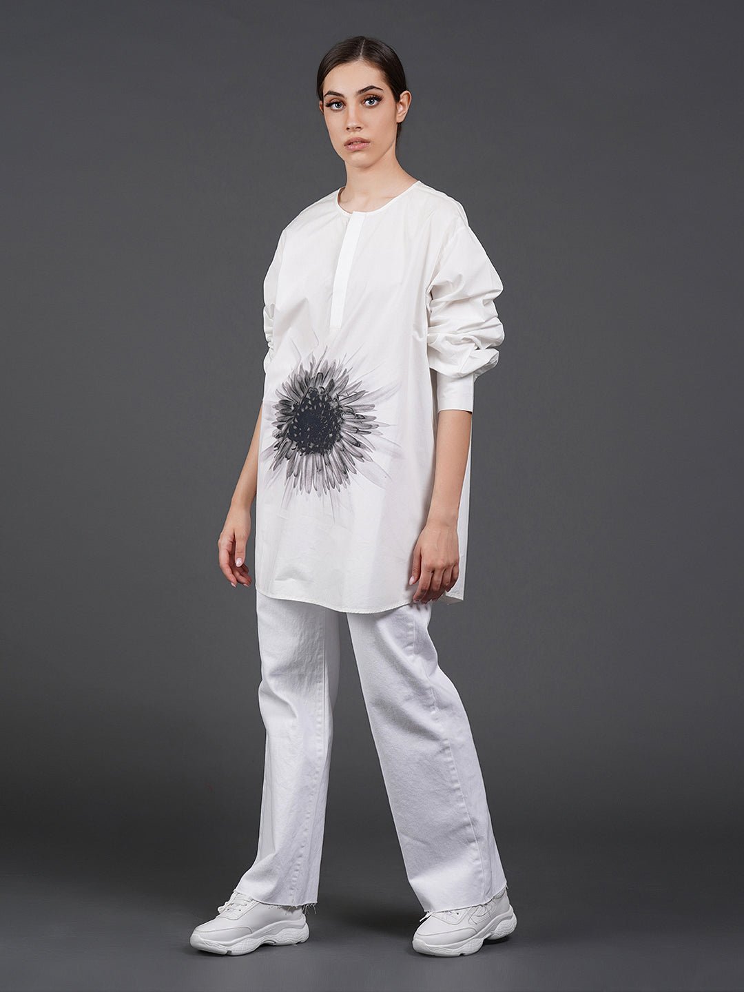 White, stylish, lose - fit, cotton shirt with digital print on it - samantchauhan