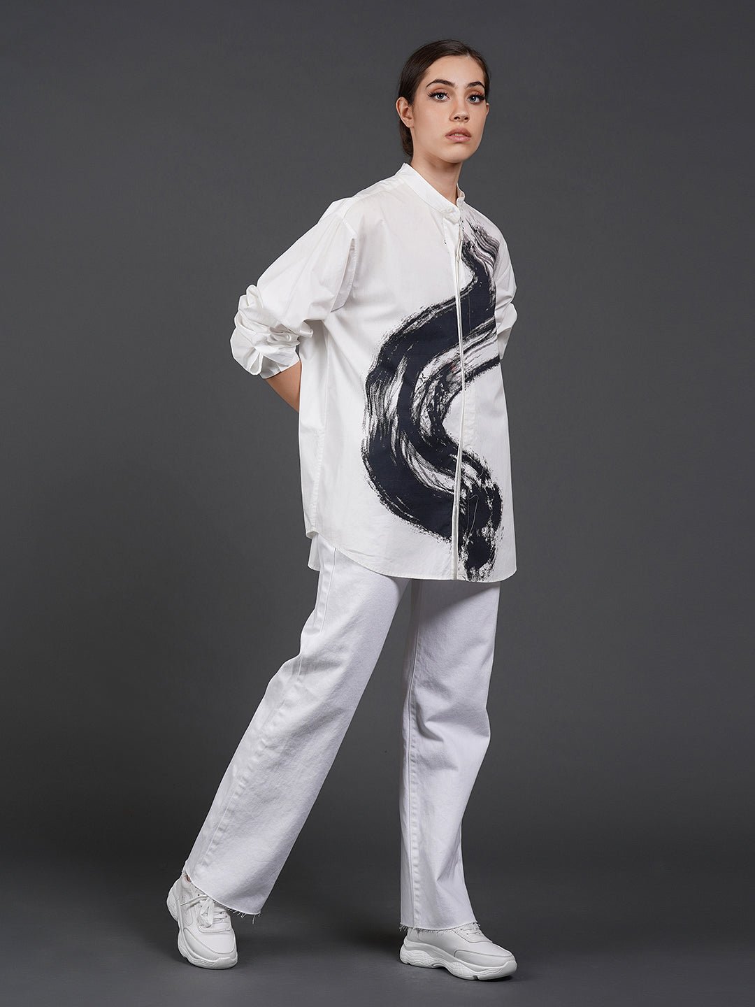 White, stylish, lose - fit, cotton shirt with digital print on it - samantchauhan