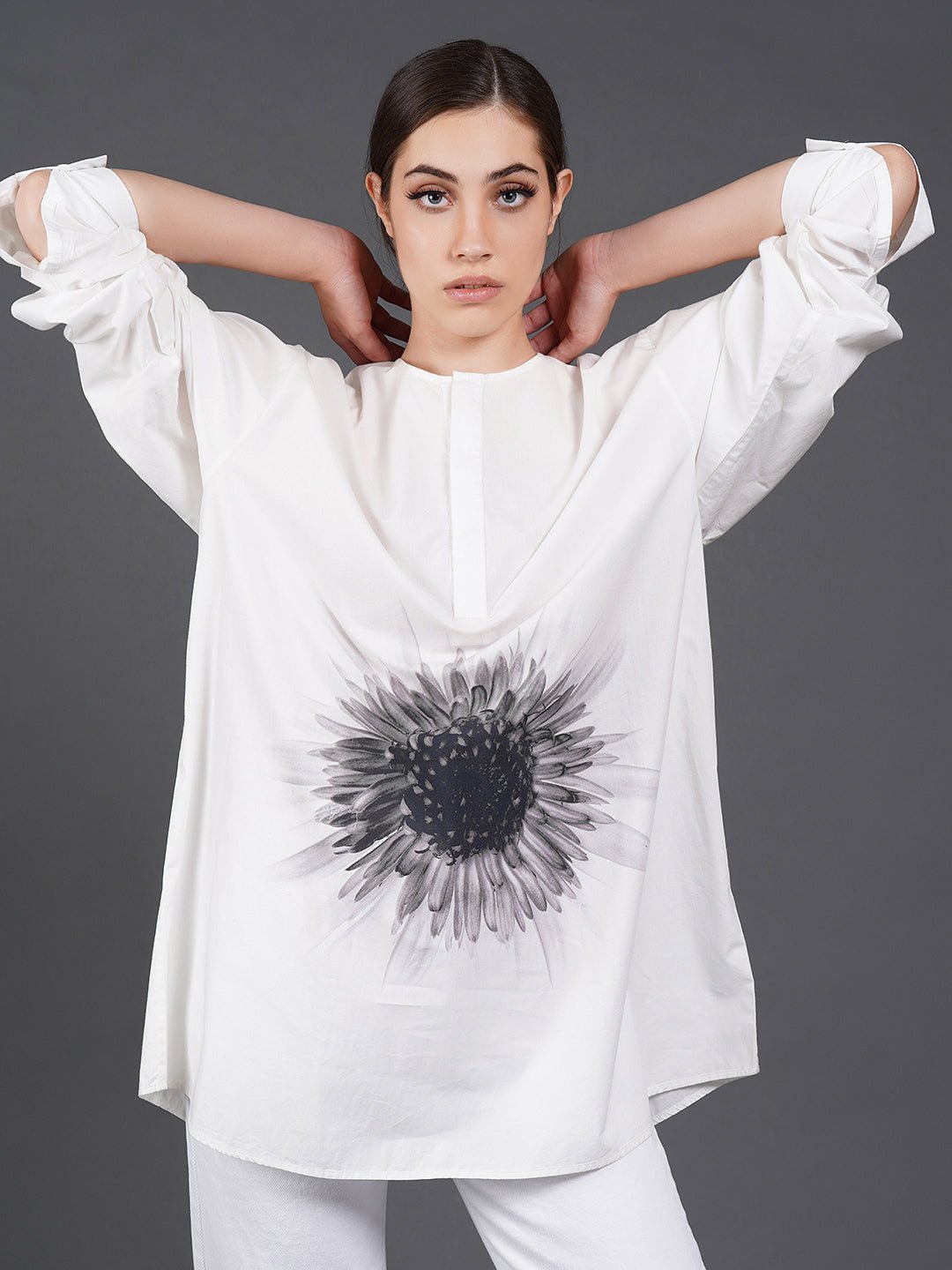 White, stylish, lose - fit, cotton shirt with digital print on it - samantchauhan