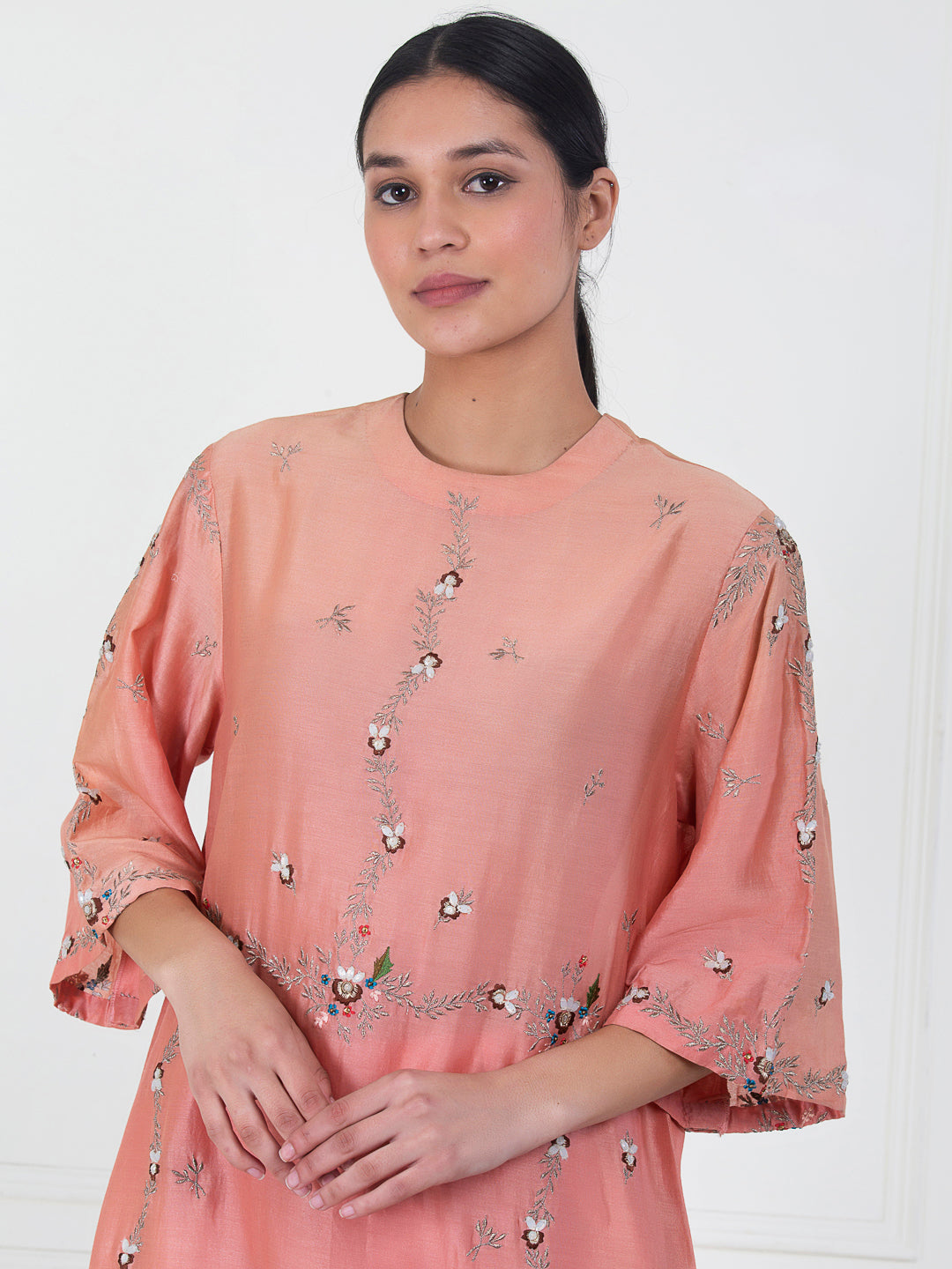 A peach cotton silk front embroidered Kurta set