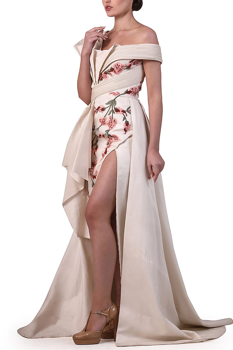 Off-shoulder Textured Embroidered Gown - samantchauhan