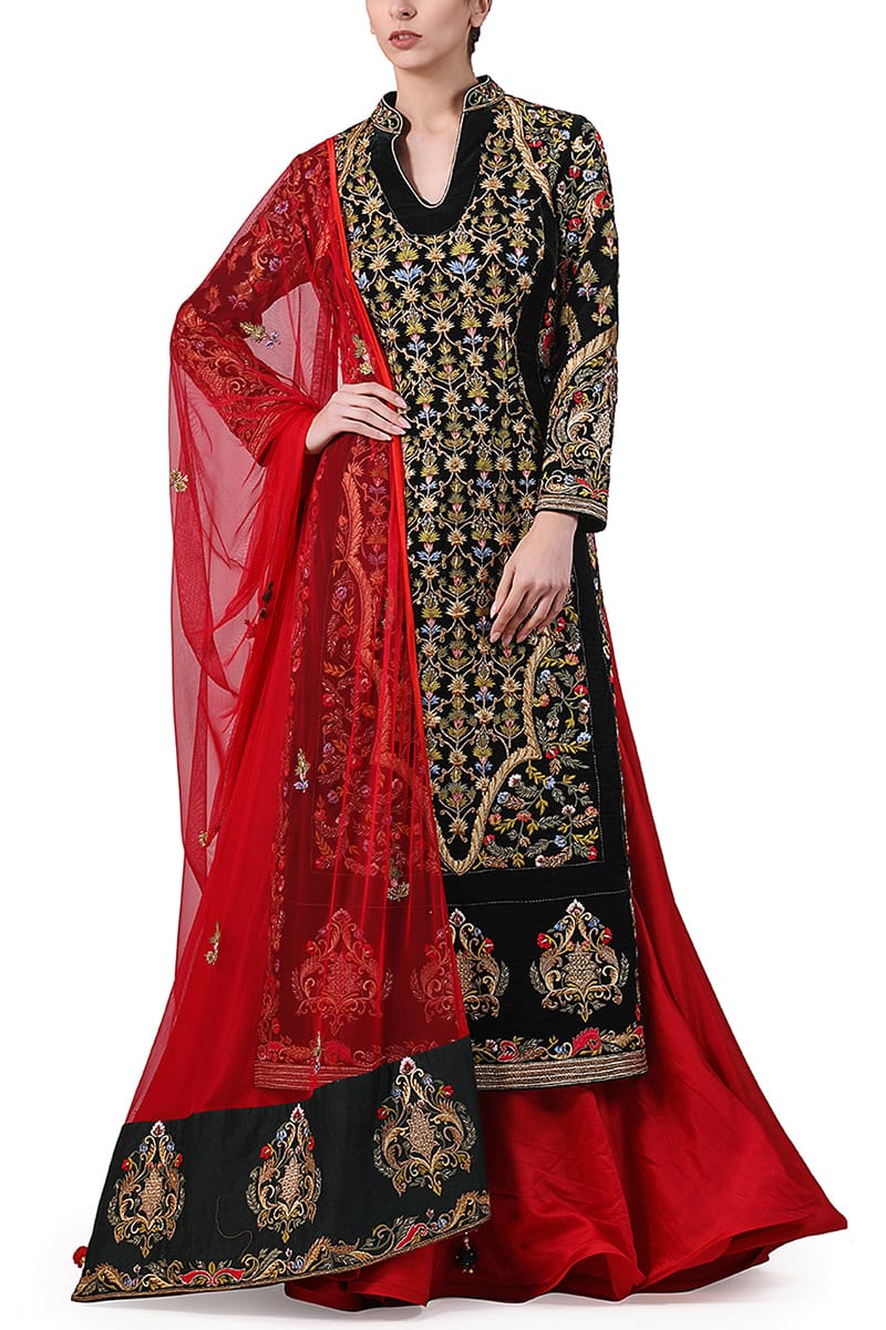 Velvet Embroidered Kurta & Lehenga set - samantchauhan