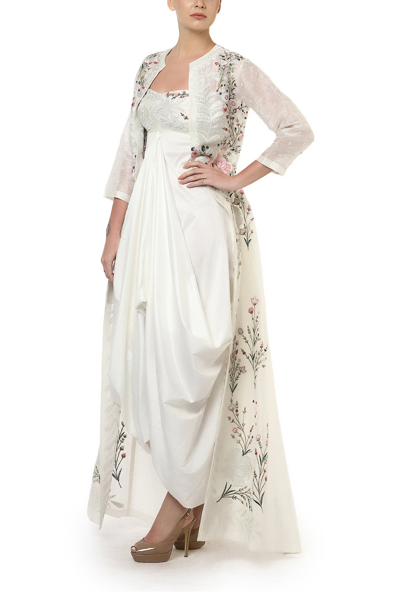 Embroidered Draped Dress & Long Jacket