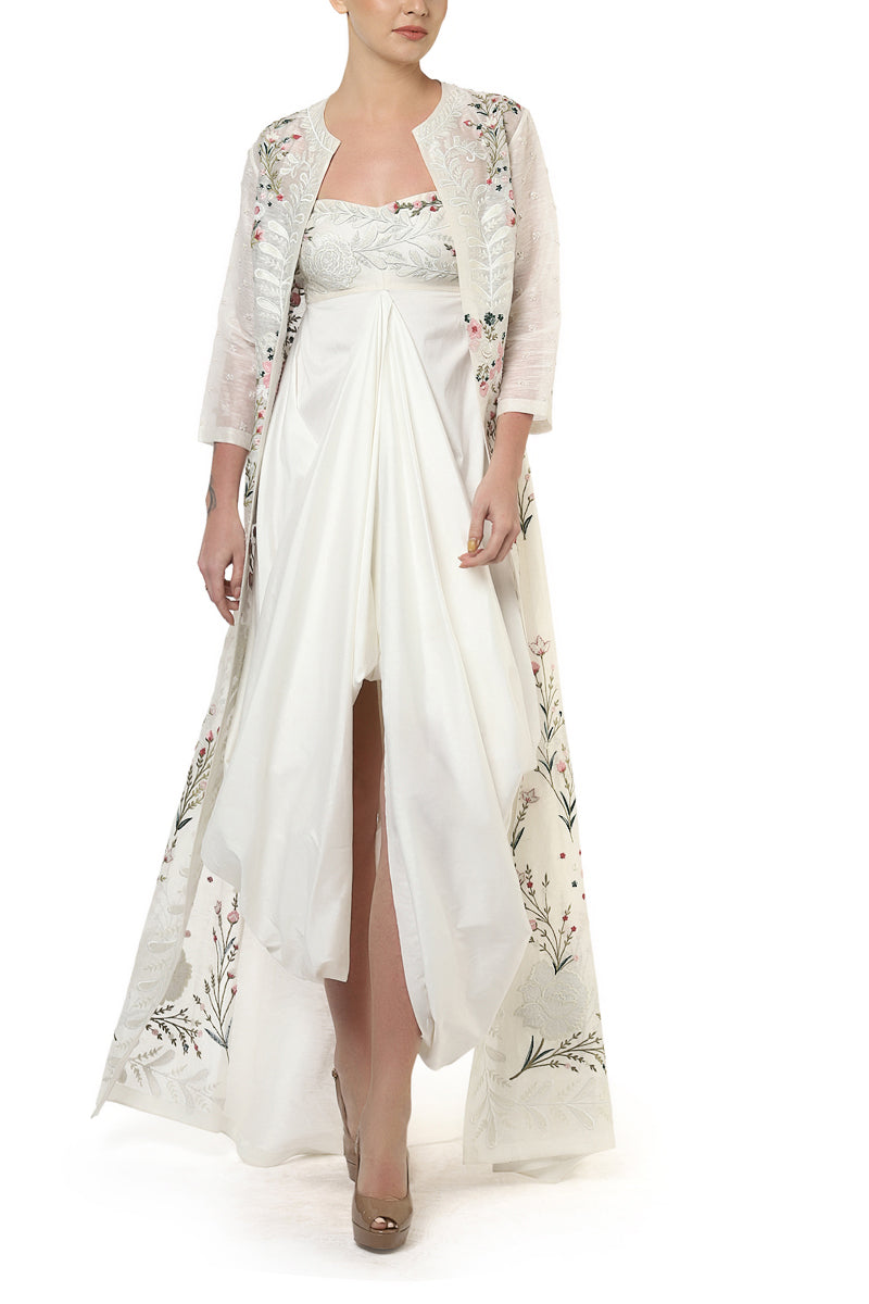Embroidered Draped Dress & Long Jacket