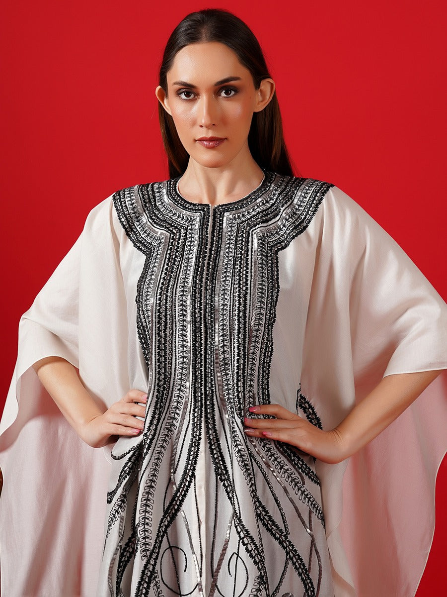 Ivory cotton silk high low kaftan with an openable front