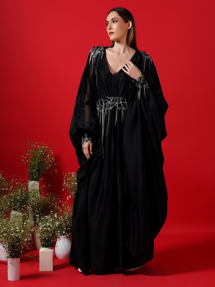 Cotton silk kaftan with embroidery on shoulders & belt