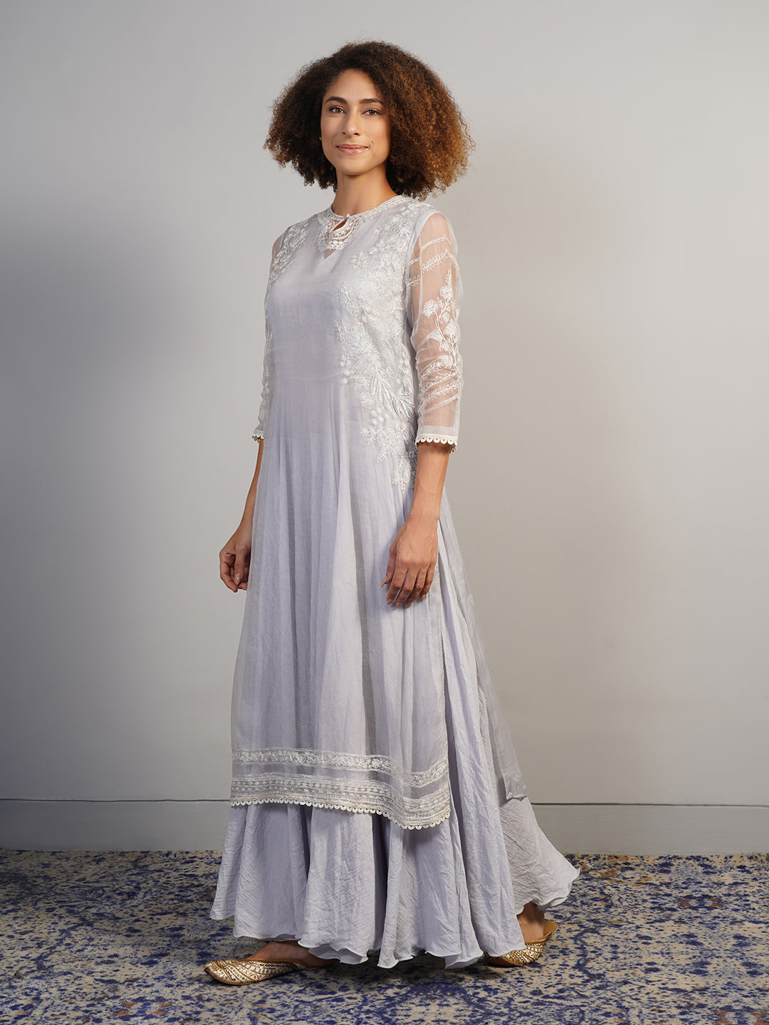 A beautiful layered ensemble with grey A-line cotton dress