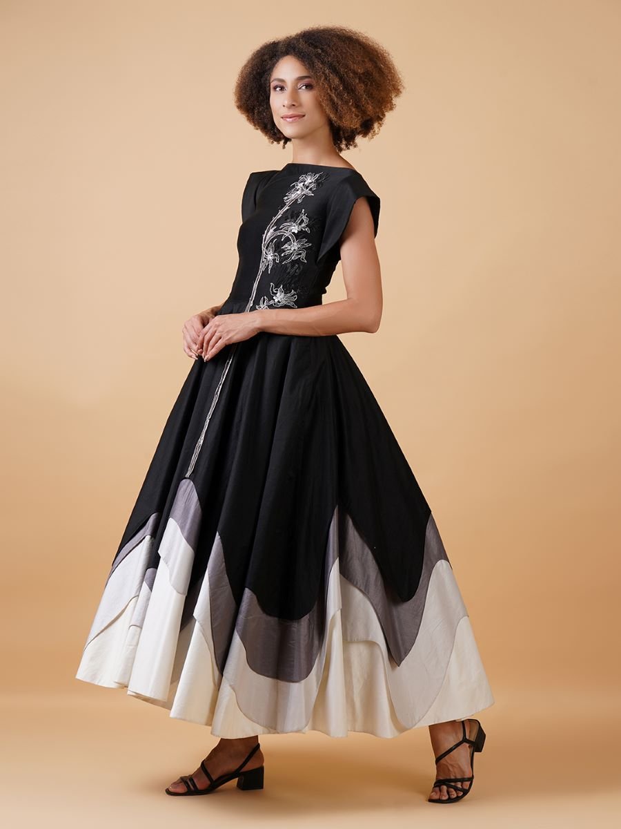 A black cotton silk, A - line dress that is given texture at the bottom - samantchauhan Apparel & Accessories