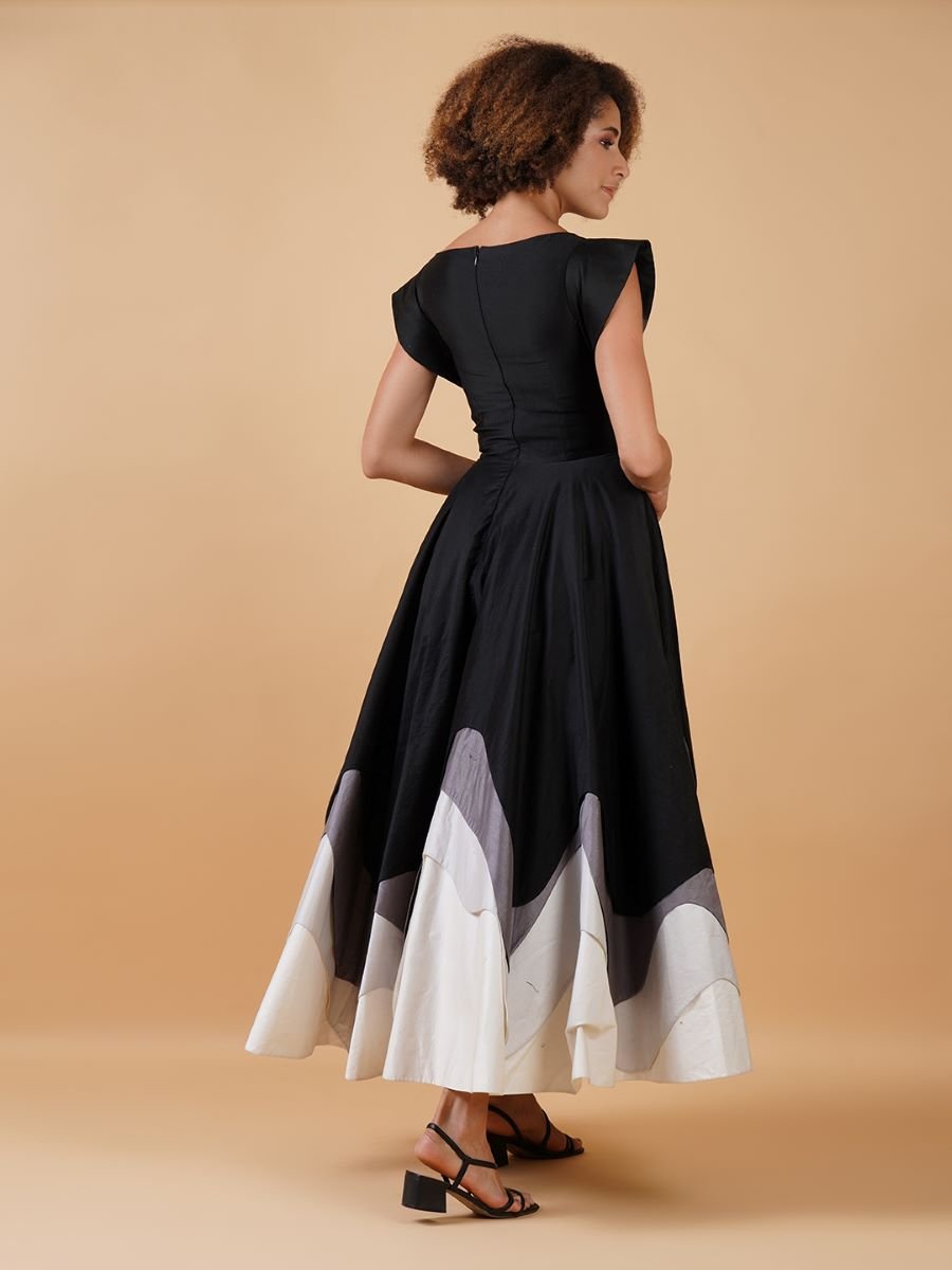 A black cotton silk, A - line dress that is given texture at the bottom - samantchauhan Apparel & Accessories