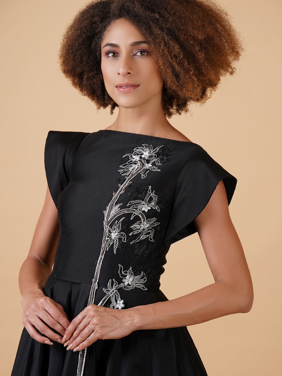 A black cotton silk, A - line dress that is given texture at the bottom - samantchauhan Apparel & Accessories