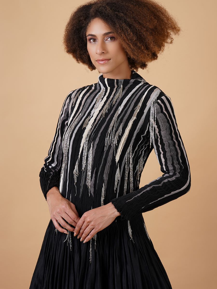 A black cotton silk, floor - length dress with high neck and full sleeves - samantchauhan Apparel & Accessories