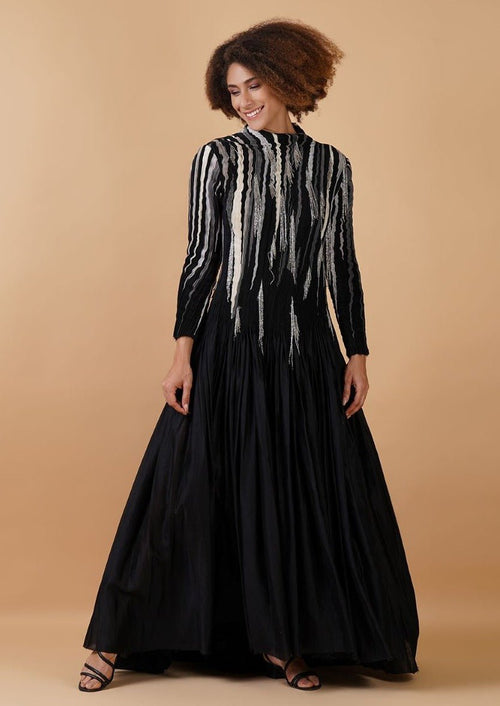A black cotton silk, floor - length dress with high neck and full sleeves - samantchauhan Apparel & Accessories