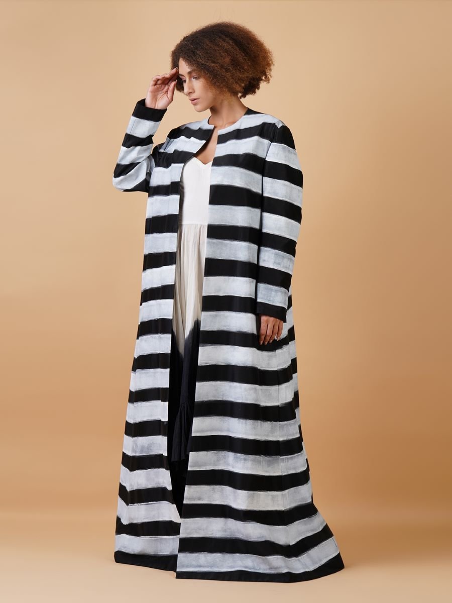 A black cotton silk floor - length jacket with block printed along with embraided neck inner - samantchauhan Apparel & Accessories