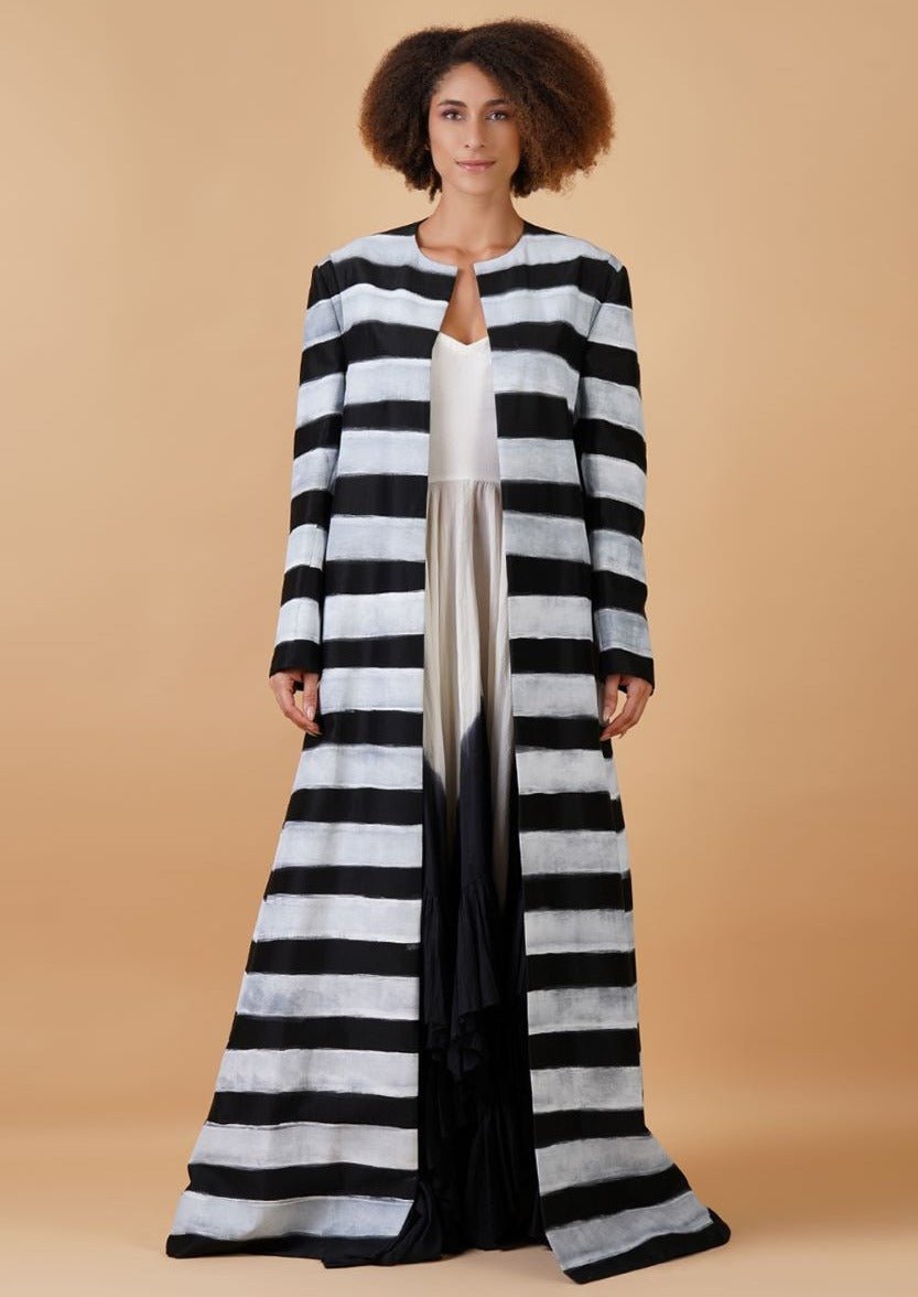 A black cotton silk floor - length jacket with block printed along with embraided neck inner - samantchauhan Apparel & Accessories