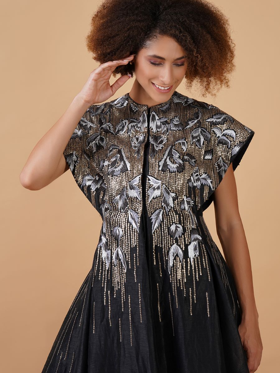 A black cotton silk jacket gown with sturdy and extended shoulders - samantchauhan Apparel & Accessories