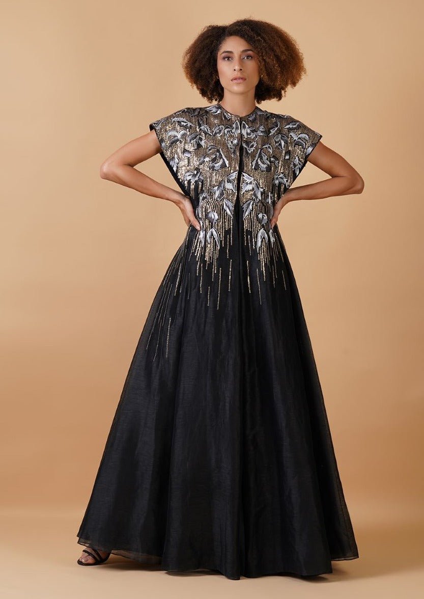 A black cotton silk jacket gown with sturdy and extended shoulders - samantchauhan Apparel & Accessories