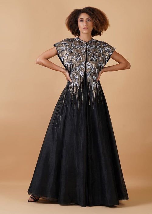 A black cotton silk jacket gown with sturdy and extended shoulders - samantchauhan Apparel & Accessories