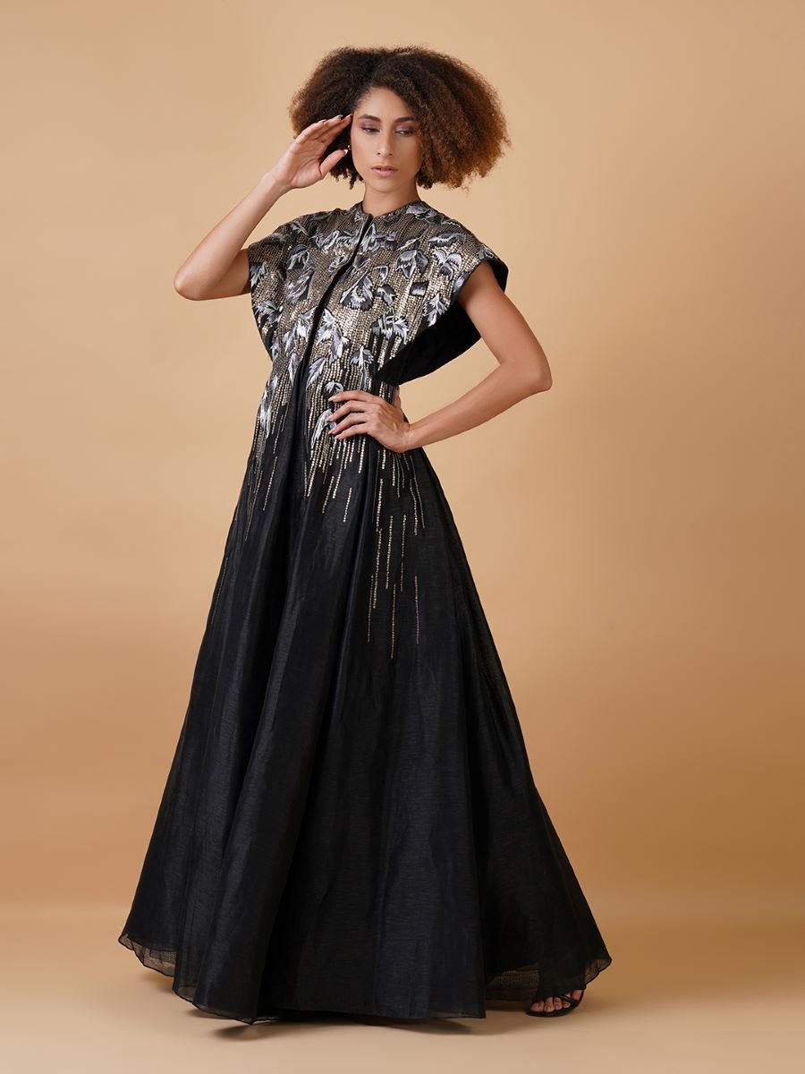 A black cotton silk jacket gown with sturdy and extended shoulders - samantchauhan Apparel & Accessories