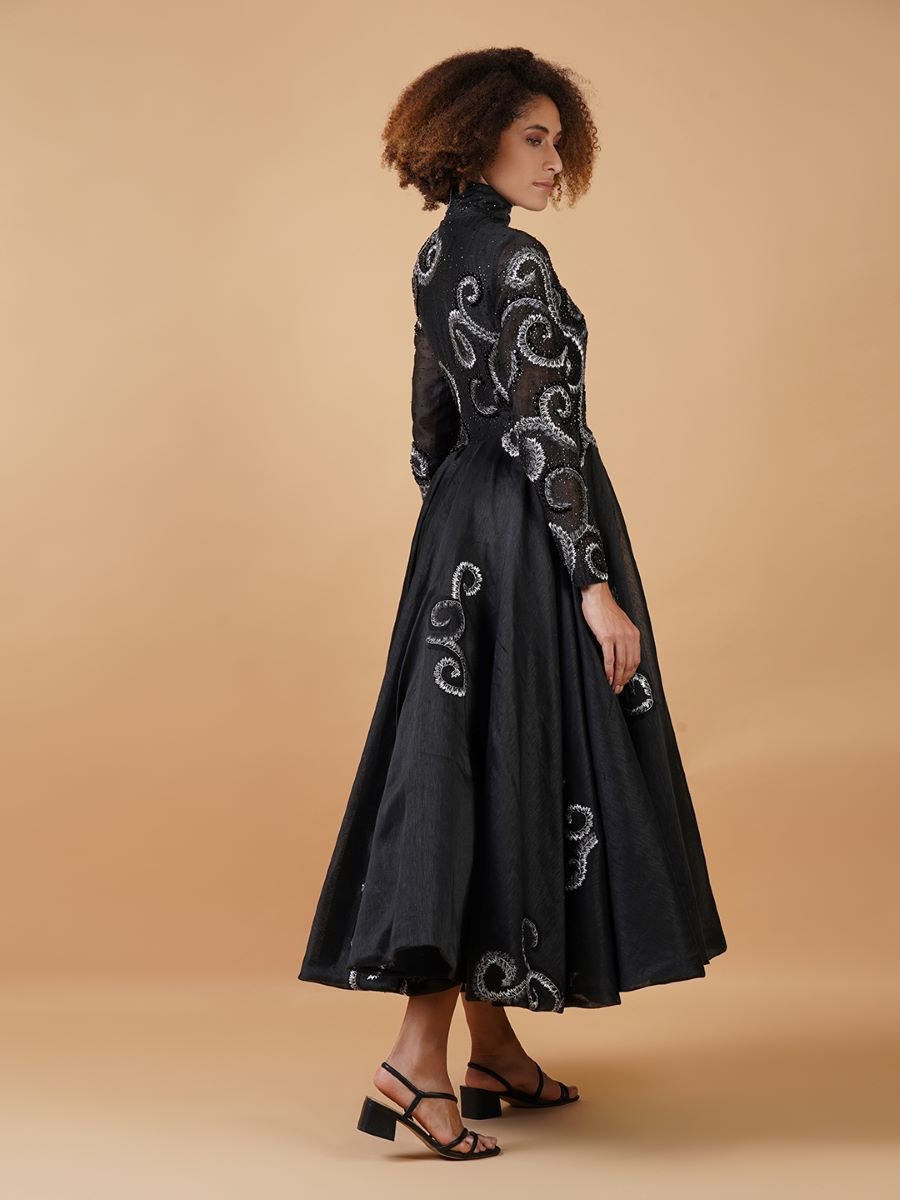 A chique A - line black cotton silk dress with a high neck and full sleeves - samantchauhan Apparel & Accessories