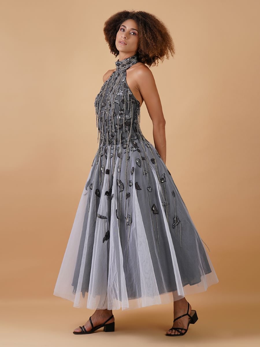 A gorgeous A - line dress in net, showcasing heavy, beautiful zardosi embroidery - samantchauhan Apparel & Accessories