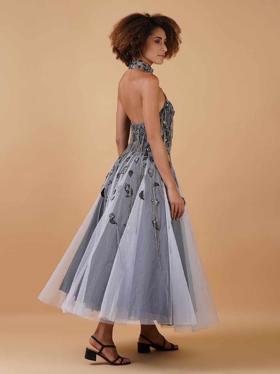 A gorgeous A - line dress in net, showcasing heavy, beautiful zardosi embroidery - samantchauhan Apparel & Accessories
