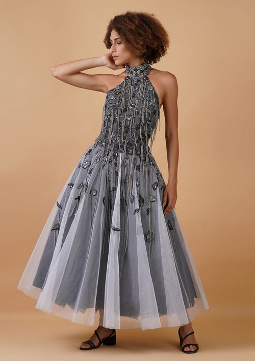 A gorgeous A - line dress in net, showcasing heavy, beautiful zardosi embroidery - samantchauhan Apparel & Accessories