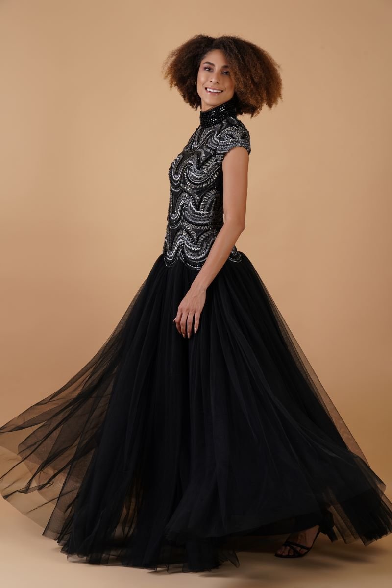 A - line, high - neck gown in cotton silk & net - samantchauhan Apparel & Accessories