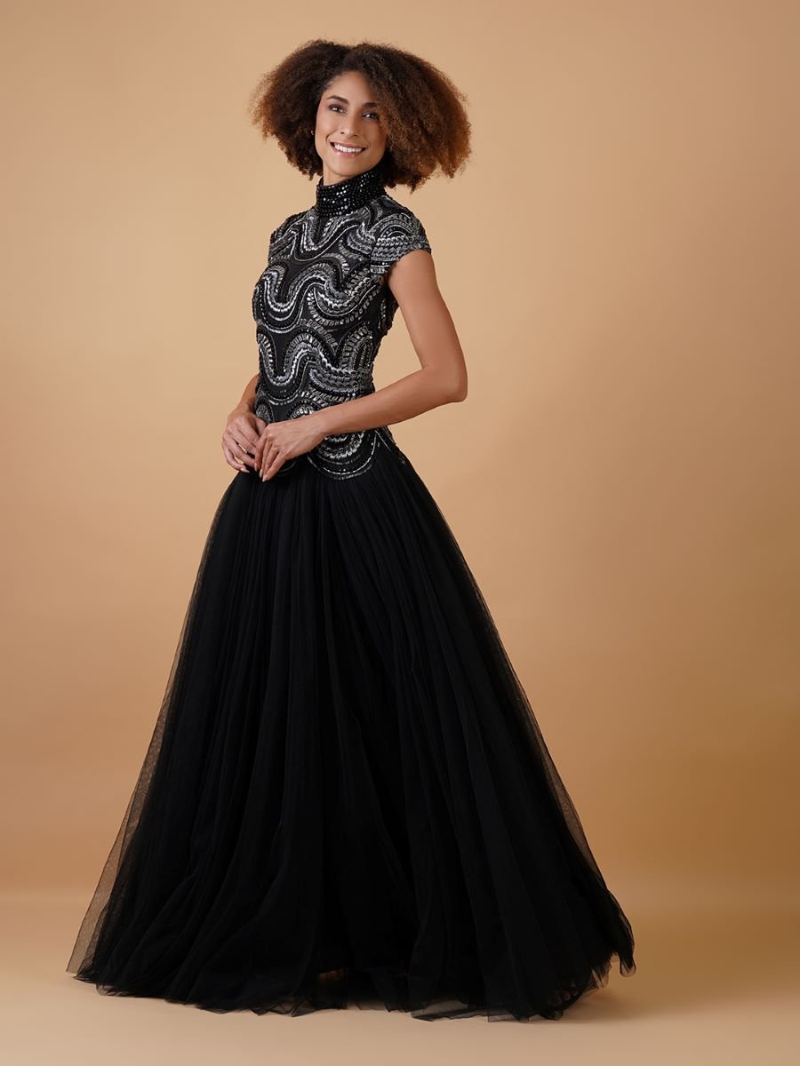 A - line, high - neck gown in cotton silk & net - samantchauhan Apparel & Accessories